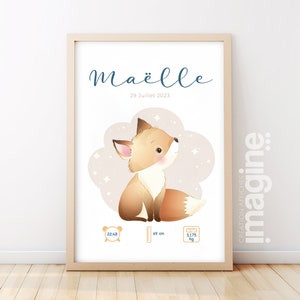 Affiche de naissance personnalisée "Renard" - Affiche bébé souvenir - Prénom, poids, taille et heure - Cadeau naissance anniversaire bebe