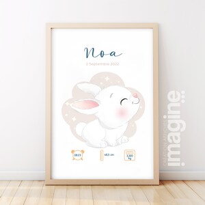 Affiche de naissance personnalisée "Lapin" - Affiche bébé souvenir - Prénom, poids, taille et heure - Cadeau naissance anniversaire bebe