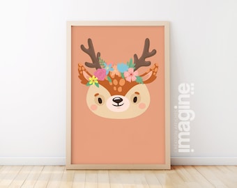 Póster Deer Animals flor romántica para niño niña niño en deco poster room tema boho jungle u otro - zorro, mono, león