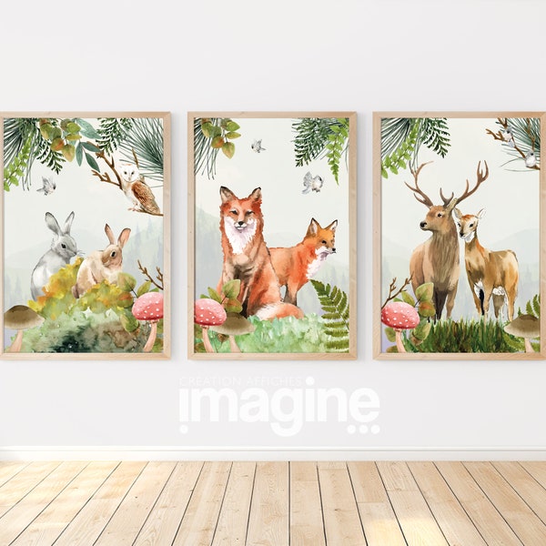 3 affiches sur la Forêt avec Renard lapin cerf pour décoration murale Chambre salon adulte enfant fille garcon posters thème animaux