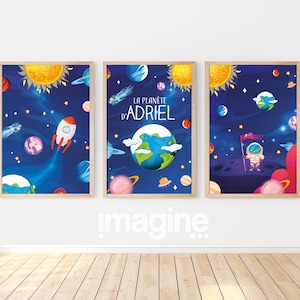 Space posters to personalize with child's first name for a universe-style bedroom decoration