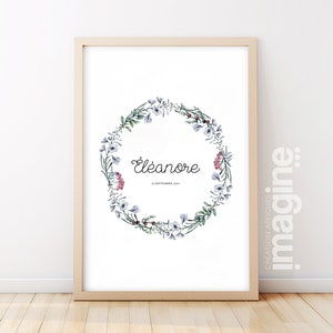 Pôster personalizável com nome para aniversário ou nascimento sobre o tema Natureza e floresta com coroa de flores frondosas