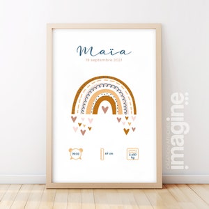 Affiche de naissance personnalisée "Arc en ciel" idée cadeau souvenir avec Prénom poids taille et heure en Décoration chambre enfants bébé