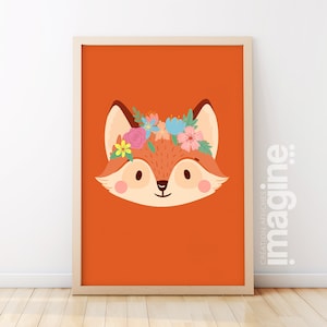 Fuchs-Poster, romantisches Tier, Blume für Kinder, Mädchen, Jungen, als Dekorationsposter für Schlafzimmer, Boho, Dschungel oder Naturthema – Kaninchen, Affe, Löwe