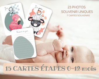 Cartes étapes - 1 semaine à 12 mois - Animaux mignon jungle forêt 0-1 an - Bébé - Famille - Souvenir - Premières fois - Ma première année
