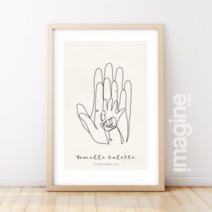 Poster Hand Papa Mutter zwei Babys Kinder anpassbar im Line-Art-Stil für Wohnzimmer-Schlafzimmer-Dekoration als Geschenk zur Weihnachts-Geburtsfeier
