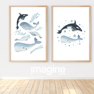 Póster infantil Animales del océano para decoración en el mar para niña o niño con ballena, orca, narval