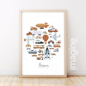 Póster personalizable con el nombre del niño de vehículos de motor - Globo aerostático, motocicleta, camión, grúa, bicicleta - Decoración de pared única