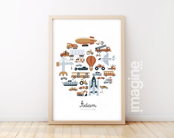 Póster personalizable con el nombre del niño de vehículos de motor - Globo aerostático, motocicleta, camión, grúa, bicicleta - Decoración de pared única