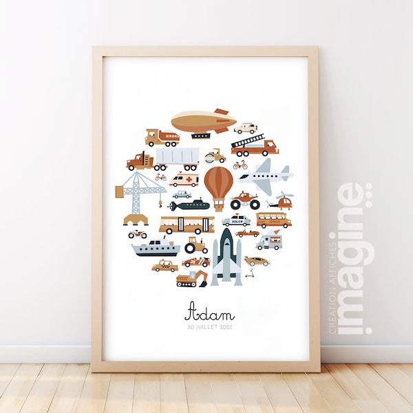 Customizable child first name poster of motor vehicles - Hot air balloon, Motorcycle, Truck, Crane, Bike - Unique wall decoration