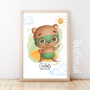 Affiche super héros pour enfant illustration ourson mignon avec personnalisation d'une qualité de l'enfant et son prénom