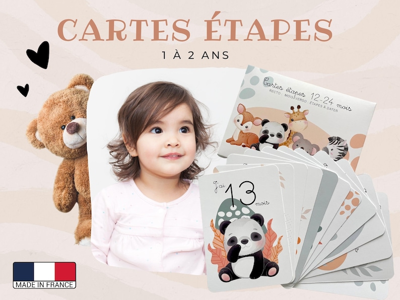 Cartes étapes bébé - 13 - 24 mois - 1 à 2 ans sur thème Animaux mignon jungle forêt pour souvenir photo famille deuxième année image 1