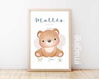 Affiche de Naissance Personnalisée "Ours" - Un Cadeau Mémorable pour Bébé et Anniversaire