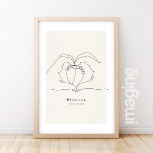 Poster Hand Herz Füße Baby individualisierbar Line Art Stil für Eltern Familie als Muttertags- oder Geburtsgeschenk