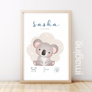 Affiche de naissance personnalisée "Koala" en souvenir avec Prénom poids taille et heure pour un Cadeau naissance anniversaire bebe et déco
