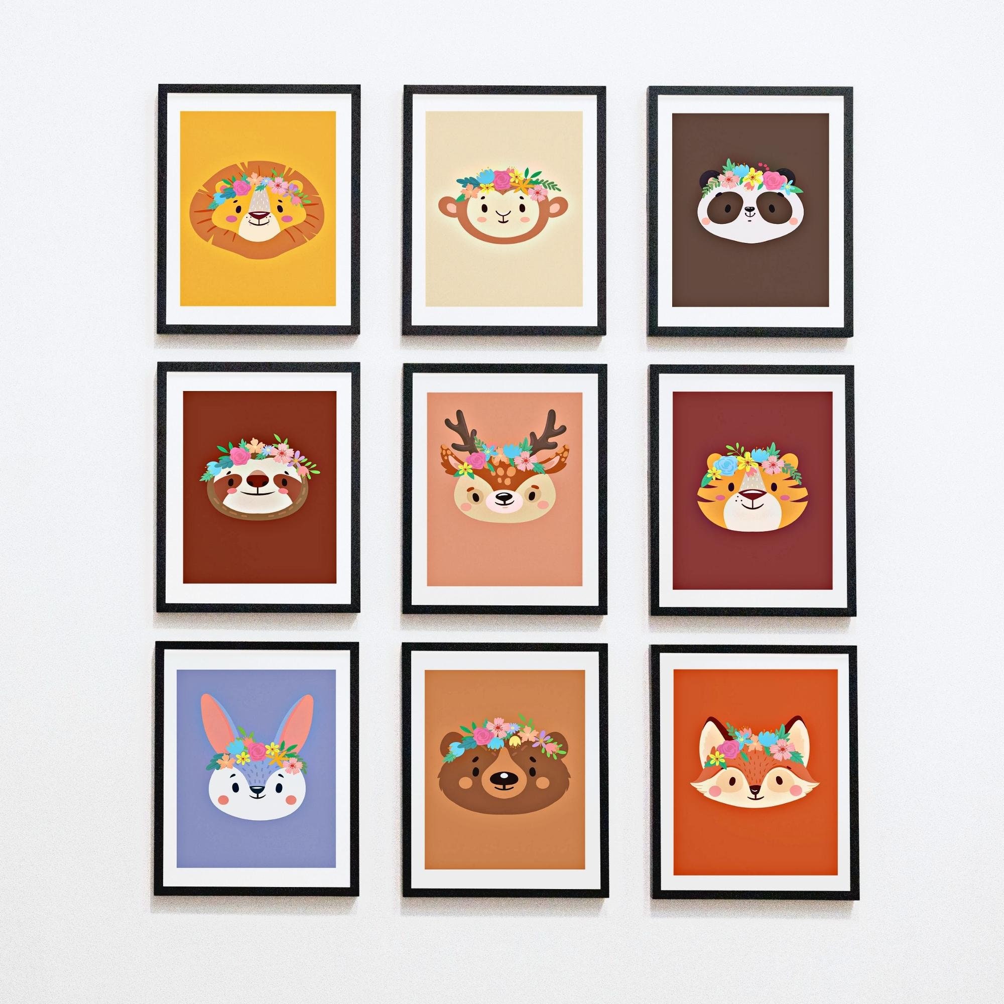 Affiche Animaux Romantique Fleur - Cerf Lapin Lion Panda Koala Ours Renard Forêt Jungle Savane Enfan