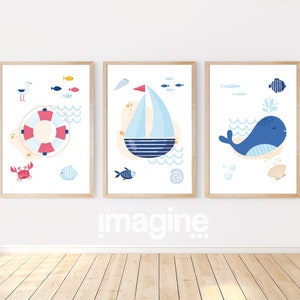 Pósteres de concha de ballena y pez de barco marino para habitación de bebé, decoración para habitación de niños, regalo de nacimiento, cumpleaños, tema del mar del océano