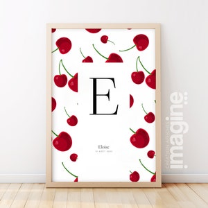 Cartel carta inicial nombre fecha de nacimiento personalizable patrón de cereza regalo original cumpleaños bautismo bebé niño niña niño