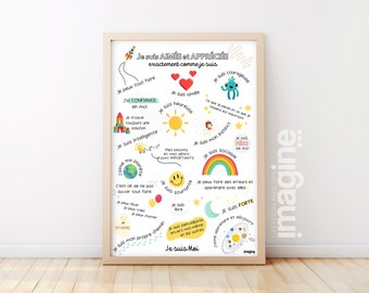 Poster positive affirmations for children in boy or girl version to improve self-esteem and self-confidence