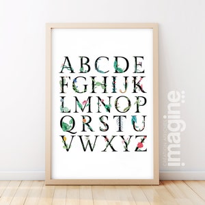 Póster de abecedario con nombre personalizable para adultos, niños, bebés, tema de flores naturales para decoración educativa de pared con letras del alfabeto