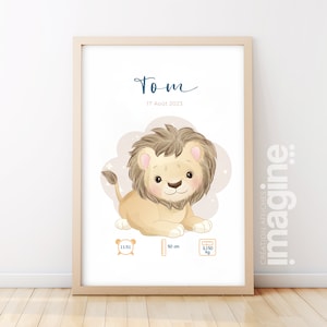 Personalisiertes Geburtsposter „Löwe“ – Baby-Souvenir-Poster – Vorname, Gewicht, Größe und Uhrzeit – Geschenk zur Geburt des Babys