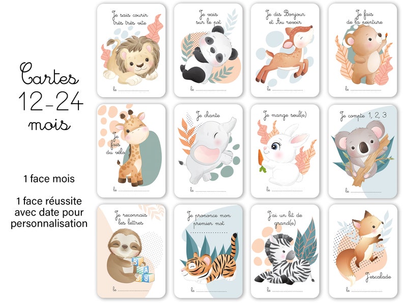 Cartes étapes bébé - 13 - 24 mois - 1 à 2 ans sur thème Animaux mignon jungle forêt pour souvenir photo famille deuxième année image 4