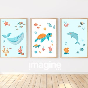 Juego de 3 carteles infantiles del océano - Ballena, Delfín, Tortuga - Decoración de pared encantada