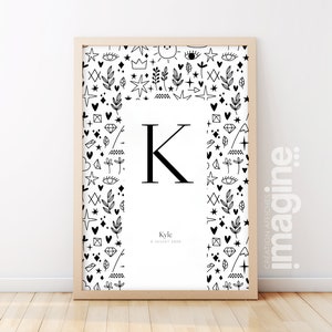 Cartel carta inicial nombre fecha de nacimiento patrón personalizable pequeño dibujo original regalo bautismo fiesta bebé niño niña niño