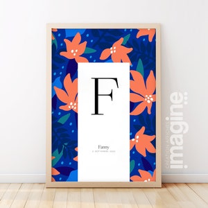 Cartel carta inicial nombre fecha de nacimiento patrón de flores personalizable regalo original fiesta de bautismo bebé niño niña niño