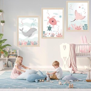 Set med tre posters: Val, Rocka, Sköldpadda för barnrum - Väggdekoration med havsmotiv bild 4