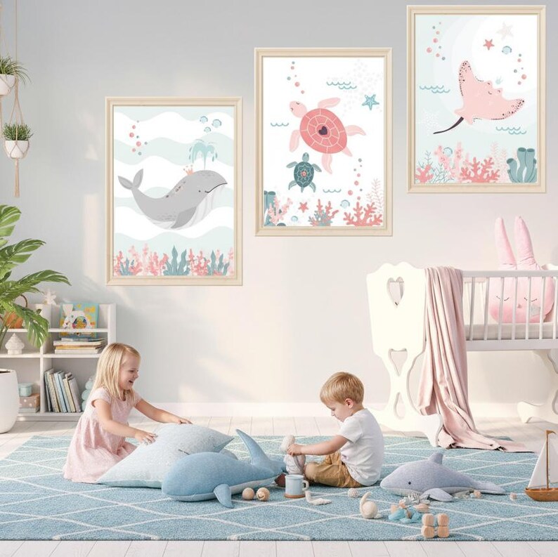 Set med tre posters: Val, Rocka, Sköldpadda för barnrum - Väggdekoration med havsmotiv bild 4