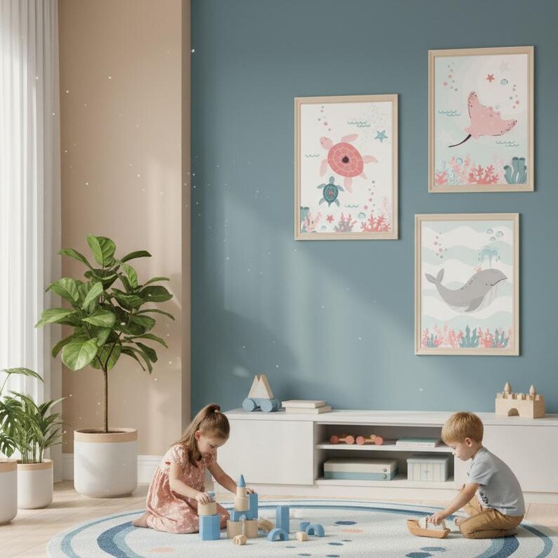 Set med tre posters: Val, Rocka, Sköldpadda för barnrum - Väggdekoration med havsmotiv bild 10