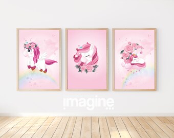 Pink unicorn posters for children's/baby's room, perfect as decoration and a gift for a birth or birthday.