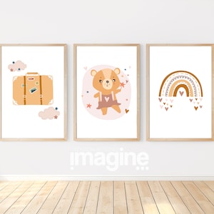 Conjunto de 3 pósteres infantiles: Osito de peluche, maleta y arcoíris: Un viaje a la imaginación y la libertad para el dormitorio, idea de regalo.