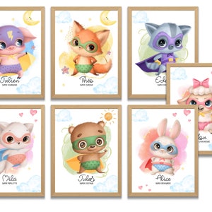 Affiche super héros enfant animaux mignon avec personnalisation de la qualité de l'enfant et prénom pour un cadeau unique pour anniversaire