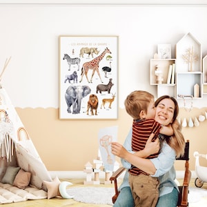 Poster di animali della savana – Zebra, struzzo, leone, gorilla – Poster educativo di animali – Decorazione per bambini e adolescenti