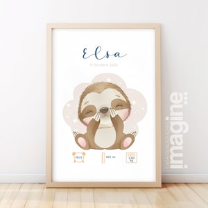 Affiche de naissance personnalisée "Paresseux" - Affiche bébé souvenir - Prénom, poids, taille et heure - Cadeau naissance anniversaire bebe