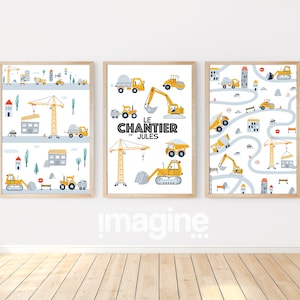 Carteles personalizados de camiones de construcción con el nombre del niño - Conjunto de 3 carteles para dormitorio o sala de juegos