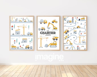 Posters Camion de Chantier personnalisé avec prénom de l'enfnat - Set de 3 affiche pour Chambre ou salle de jeu