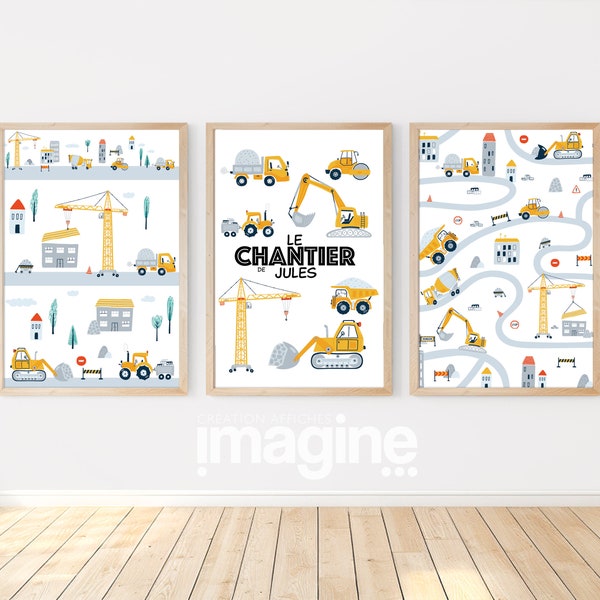 Affiches Chantier camion pelleteuse personnalisable avec prénom pour chambre enfant en décoration garçon ou fille