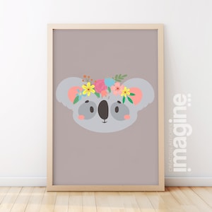 Póster de koala con flores románticas para niños, niñas y niños, con temática bohemia de jungla o natural, para dormitorio (zorro, mono y león)
