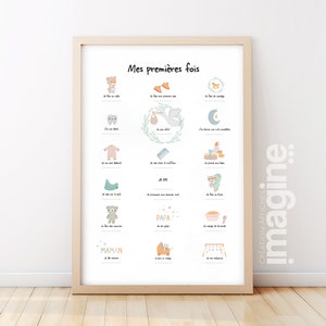 Póster "Mis Primeras Veces" en verde agua para fechar los primeros pasos y la primera palabra del bebé, un regalo de nacimiento ideal para padres jóvenes, mamá, papá