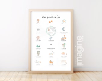 Affiche "Mes premières fois" vert d'eau pour dater les premiers pas le premier mot bébé, un cadeau idéal naissance jeunes parents maman papa