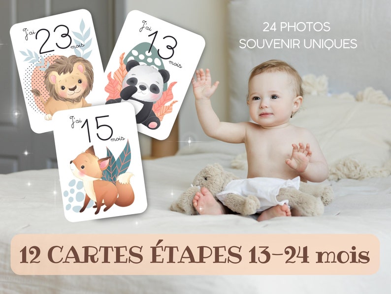 Cartes étapes bébé - 13 - 24 mois - 1 à 2 ans sur thème Animaux mignon jungle forêt pour souvenir photo famille deuxième année image 3