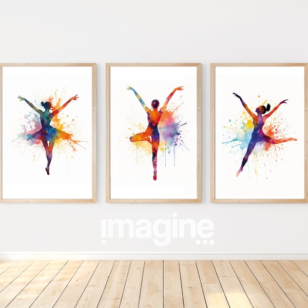 3 affiches gymnastique rythmique - Silhouettes Aquarelle Uniques - Décoration Intérieure Enfants