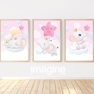 Rosa Babymädchen-Elefant im 3er-Posterformat für Babyzimmer im Mädchen-Dekorationsthema „Traum im Sternenhimmel und Hase“.