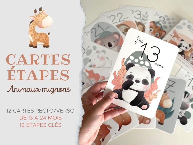 Cartes étapes bébé - 13 - 24 mois - 1 à 2 ans sur thème Animaux mignon jungle forêt pour souvenir photo famille deuxième année image 6