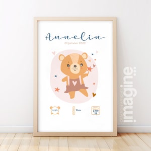 Affiche de naissance personnalisée "Ourson" idée cadeau souvenir avec Prénom poids taille et heure en Décoration chambre enfants bébé
