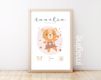 Póster de nacimiento personalizado idea de regalo de recuerdo "Ourson" con nombre, peso, altura y tiempo en la decoración de la habitación de los niños del bebé