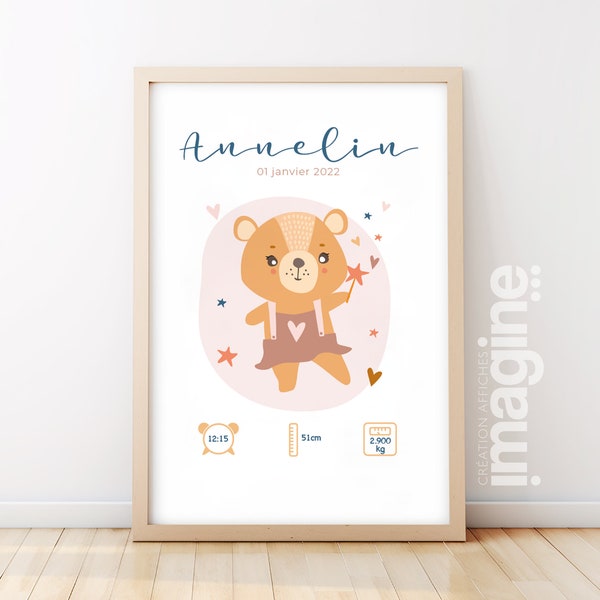 Personalized birth poster "Ourson" souvenir gift idea with first name weight height and time in baby children's room decoration